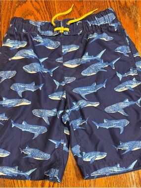 Gap Navy Shark Print Swim Trunks with Yellow Drawstring, boy sz 10